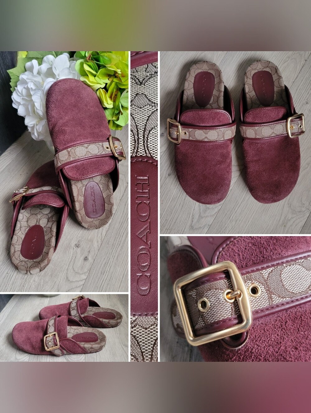 Coach Archival Buckle Clog Merlot Suede & Jacquard Strap & Footbed, US 10 EU 41
